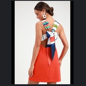 NWT Lulu’s Joyful Red Orange Multi Stripe Tie-Back Mini Dress. Medium
